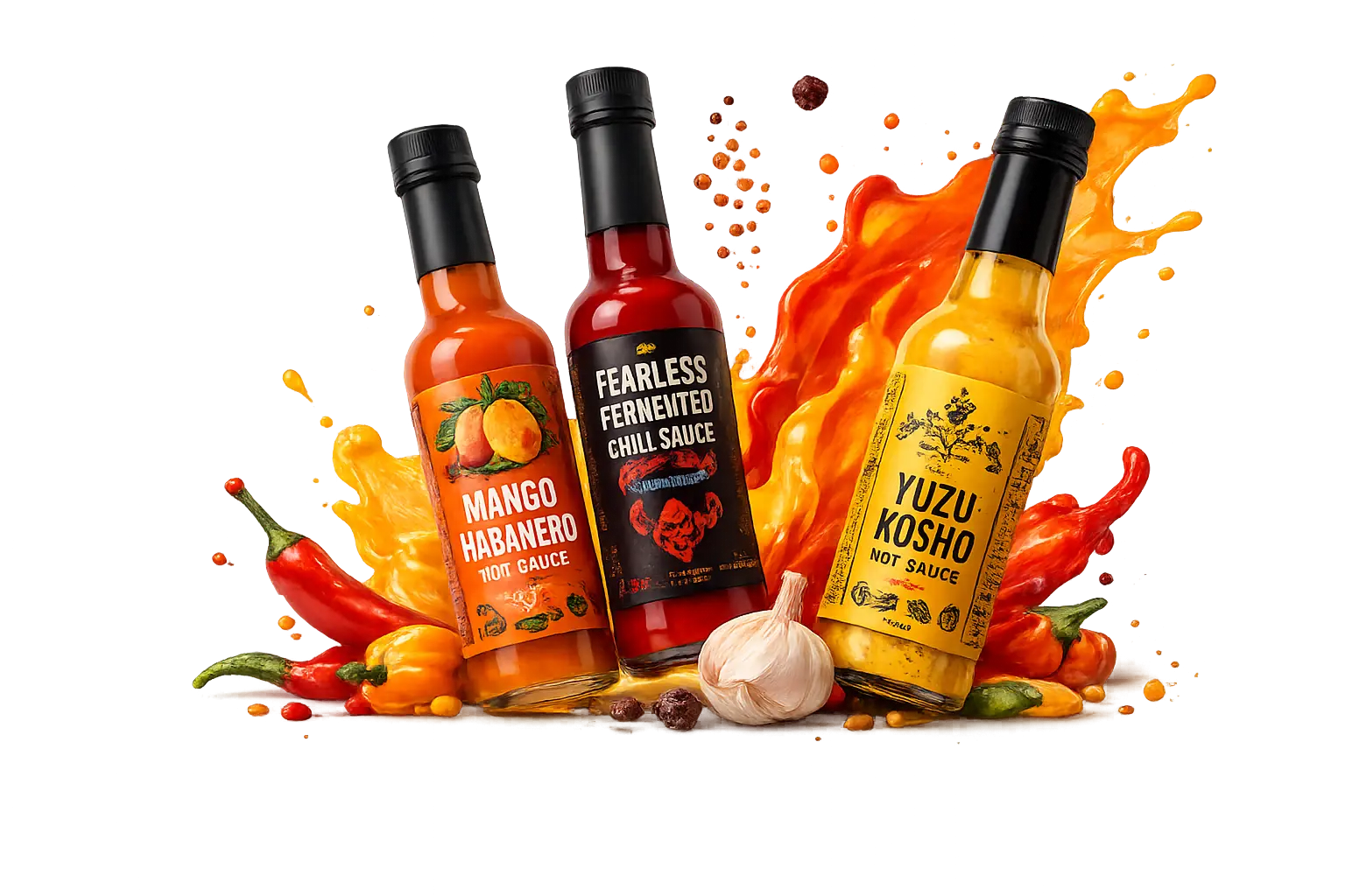 Tři pálivé omáčky: Mango Habanero, Fearless Fermented a Yuzu Kosho